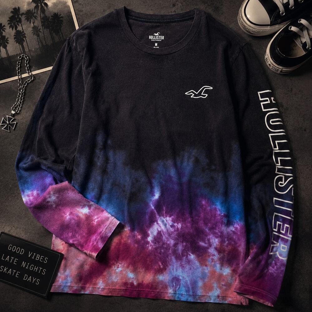 Hollister Tie Dye Long Sleeve Tee Black Pink Blue Graphic Shirt Medium